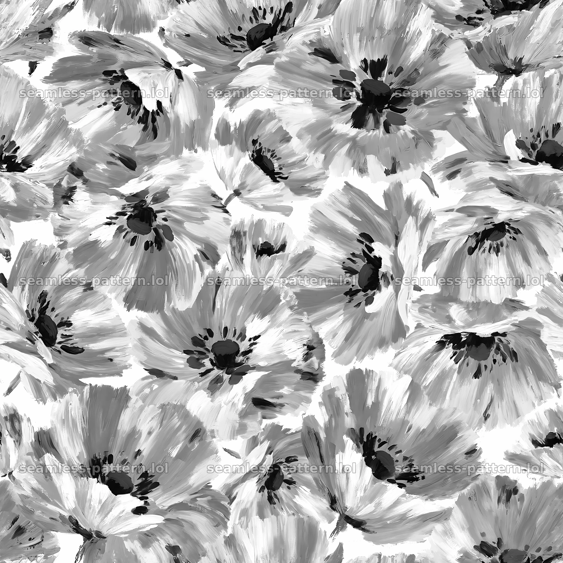 Repeat wildflower brushstroke pattern in black and white — seamless tileable pattern